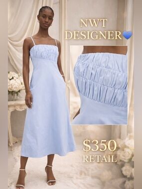 Elexiay Yolanda Midi Dress Light Blue Ruched Bodice NWT